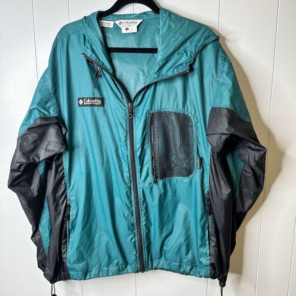 Vintage Columbia Windbreaker Packable Jacket Mens Size L Green Hoodie Zip - Picture 1 of 11